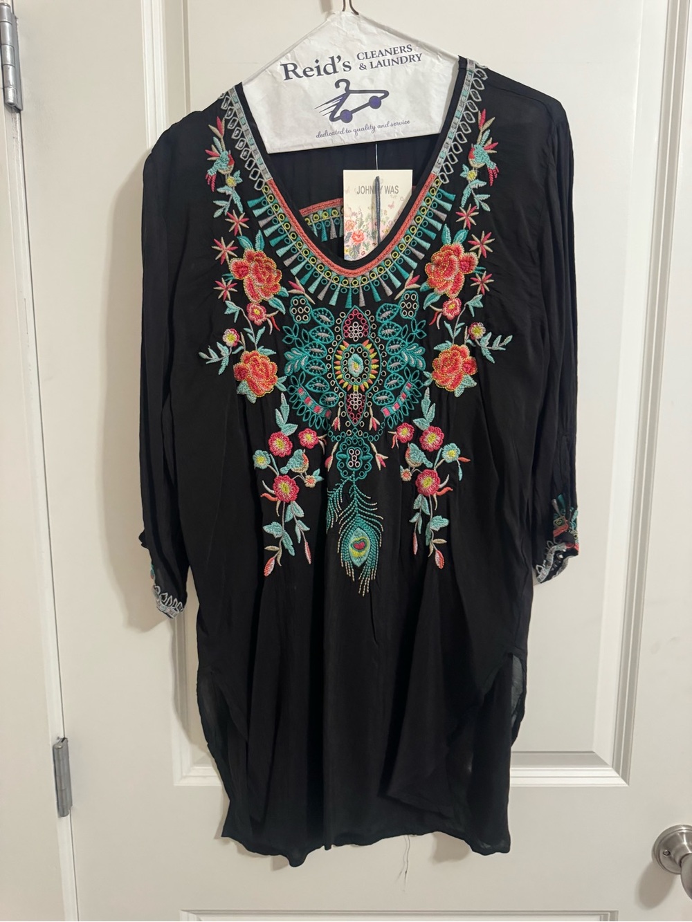 Johnny Was Black Tunic with Teal and Coral Floral Embroidery